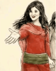 a drawing of a woman in a red dress with her hand outstretched