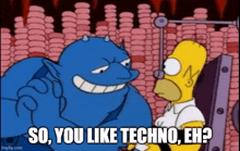 homer simpson is talking to a blue demon in a cartoon .