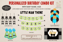 a personalized birthday combo kit with baby name and age little man theme