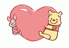 winnie the pooh and piglet are sitting next to each other holding a heart .