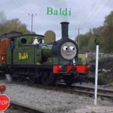 a green train with the name baldi on the side is on the tracks .