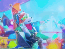 a cartoon fox is sitting in a chair with a rainbow colored background