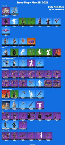 a screenshot of the daily item shop for may 28th 2021