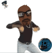 a man with glasses and a mustache is dancing in front of a skull