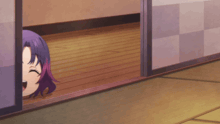 a girl with purple hair is smiling while peeking out of a doorway