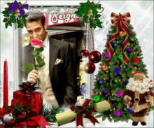 a man in a suit is holding a rose in front of a christmas tree