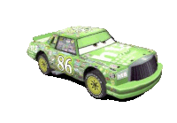 a green race car from the movie cars with the number 86 on the side .