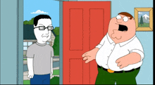 a cartoon of peter griffin talking to a man in front of a red door