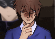 a drawing of a man with his hand on his chin looking at the camera