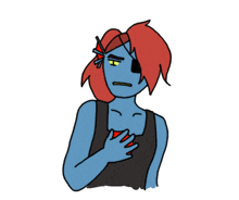 a drawing of a person with red hair and a black tank top