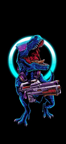 an illustration of a dinosaur holding a gun with a circle in the background