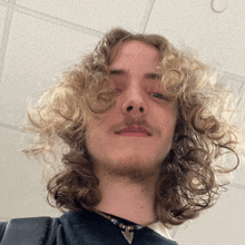 a young man with long curly hair and a beard looks at the camera