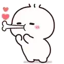 a cartoon character is holding a bone in his mouth and hearts are coming out of it .