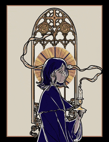 an illustration of a woman holding a candle in front of a stained glass window