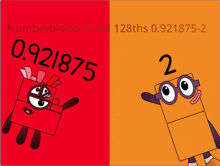 a red and orange poster for numberblocks band 128ths 0.9218.75-2