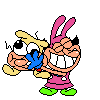 a pixel art of a cartoon character holding another character .