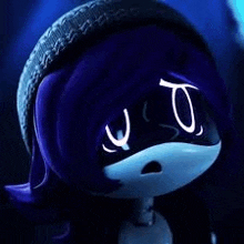 a close up of a cartoon character with purple hair wearing headphones and a mask .