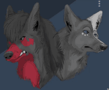 a drawing of three wolves one of which has a red face