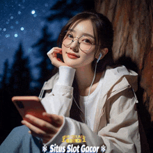 a woman wearing glasses and earbuds looks at her phone with situs slot gacor written on the bottom