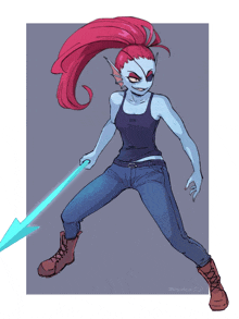 a drawing of a girl with red hair and a blue sword