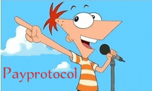 perry the platypus is singing into a microphone and pointing ..