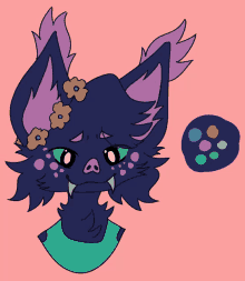 a drawing of a cat with purple ears and flowers in her hair