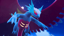 a blue and red cartoon dragon with wings is flying in the night sky