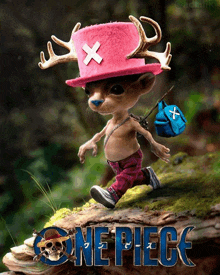 a poster for one piece with a deer wearing a pink hat and carrying a blue bag