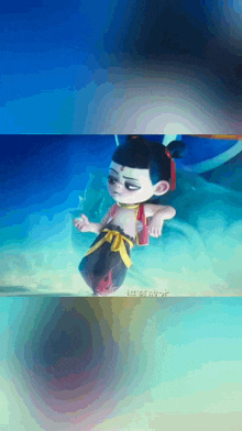 a cartoon character is swimming in the water with chinese writing on it