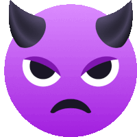 a purple devil face with black horns and a sad expression