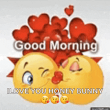 two smiley faces kissing with the words good morning i love you honey bunny below them