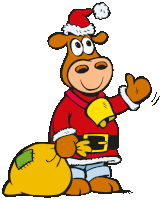 a cartoon cow wearing a santa hat and holding a yellow bag