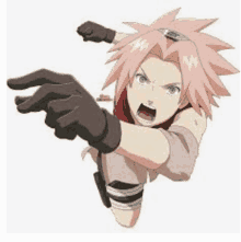 a girl with pink hair and brown gloves is flying through the air and pointing at something .