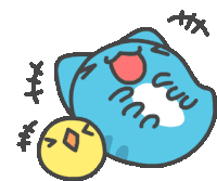 a cartoon drawing of a blue cat laying down with a yellow smiley face next to it