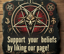 a sign that says " support your beliefs by liking our page " with a pentagram on it