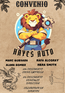 an advertisement for hayes auto features a cartoon lion holding a wrench