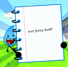 a cartoon character is holding a notebook with the words hot firey butt written on it