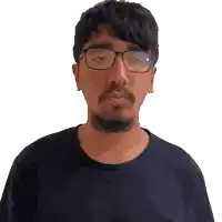 a man with glasses and a beard is wearing a blue shirt