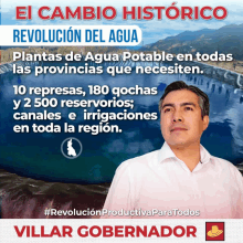 a poster for villar gobernador shows a man in front of a water tank