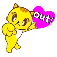 a cartoon cat holding a pink heart with the word out on it