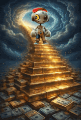 a cartoon character is standing on top of a pile of gold