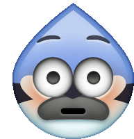 a blue cartoon character with big eyes and a surprised look on its face