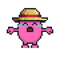 a pixel art drawing of a pink heart wearing a straw hat with the words cry me a river below it