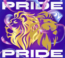 a purple poster with a lion and the words pride