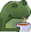 a green frog is holding a cup of tea .