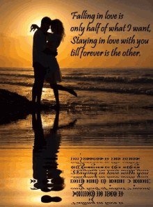 a picture of a man and woman kissing on the beach with a quote about falling in love