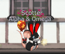 a cartoon rabbit holding a balloon with the words scatter alpha & omega below it