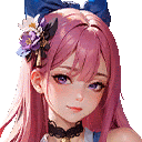 a close up of a girl with pink hair and a bow in her hair .