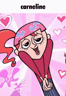 a cartoon character named carneline with hearts around her