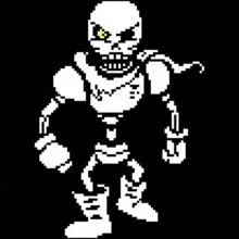 a pixel art drawing of a skeleton with yellow eyes and boxing gloves on a black background .